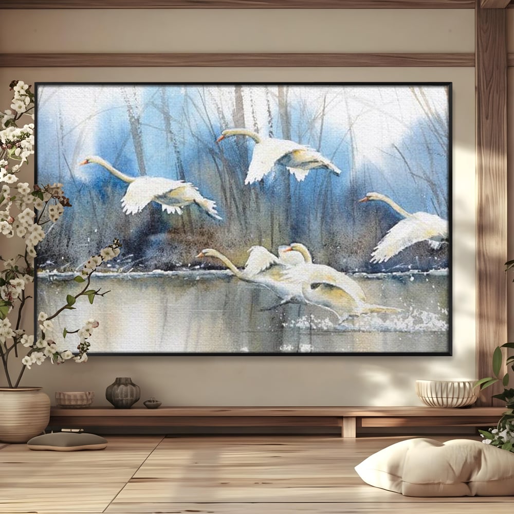 Tablou canvas cu pictura cu lebede pe apa, in rama de aluminiu negru